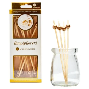 Party Pick Fancy Bamboo Toothpick Large 6 Gold Ball 30pk