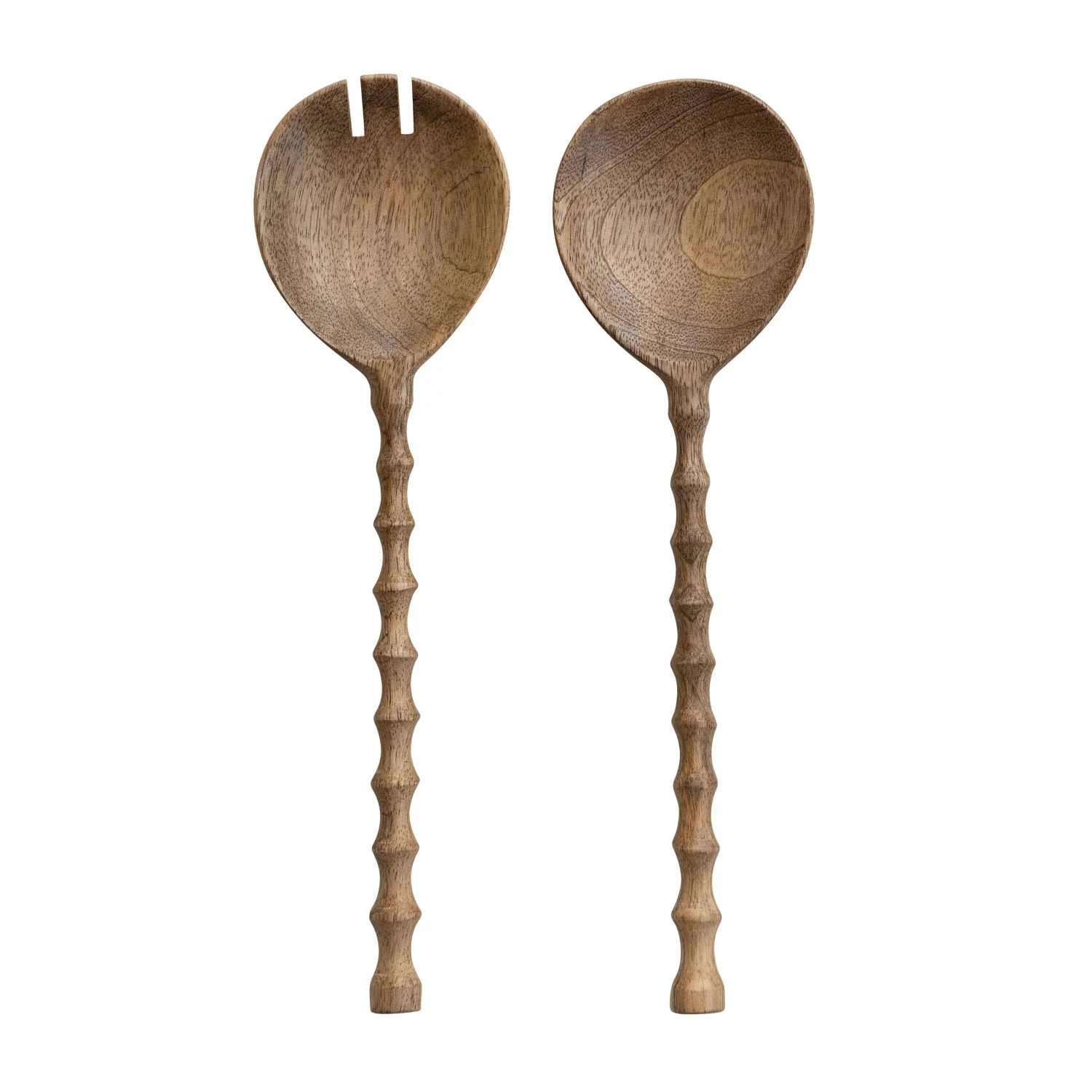 Mango Wood Salad Servers with Carved Handles. Natural. Set of 2