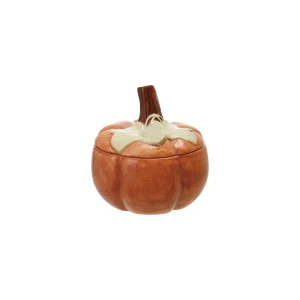 Stoneware Pumpkin Shaped Jar with Lid. Orange Color & Brown