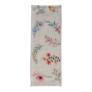 Cotton Slub Printed Table Runner w/ Flowers. Embroidery & Fringe