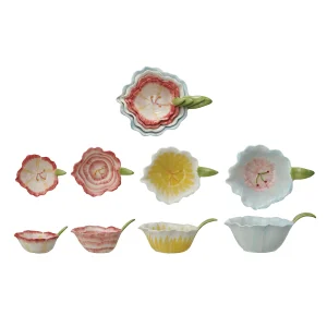 Hand-Painted Stoneware Flower Shaped Prep Bowls. Set of 4