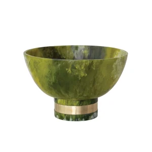 Marbled Resin Footed Bowl with Metal Wrap. Olive Color