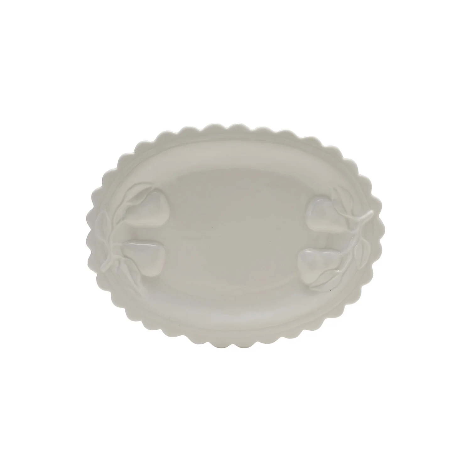 White Scalloped Platter with Embossed Pears
