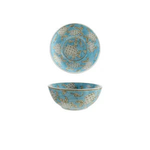 Hand-Painted Stoneware Serving Bowl with Cherry Blossoms. Blue. Brown & White