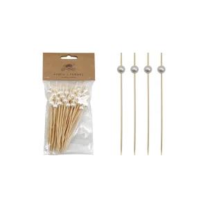 Bamboo Single Use Picks w/ Faux Pearl Handles. Natural & White. Set of 50
