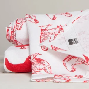 Chickens Print Red Floursack Dishtowels. Set of 2